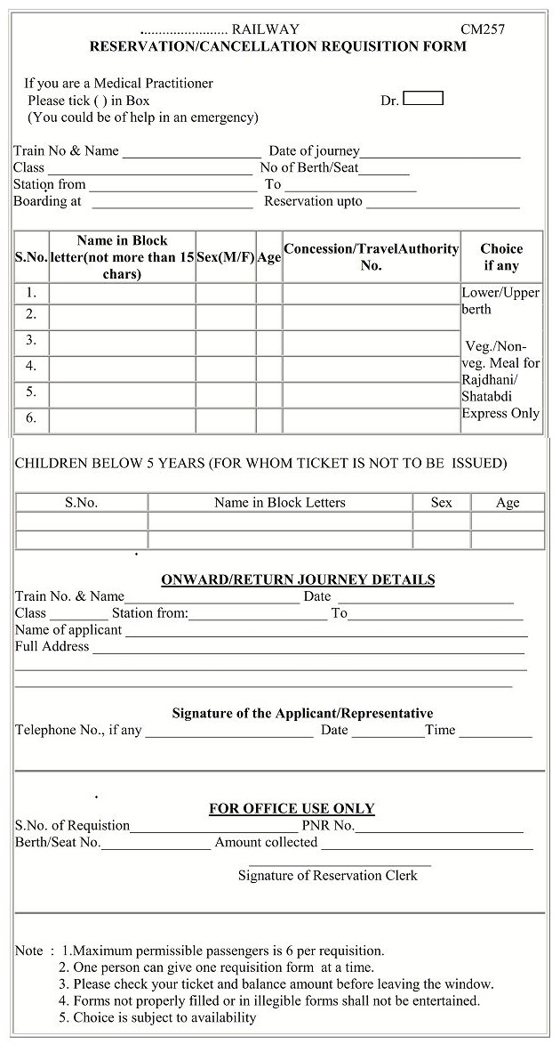 India Railway reservation form