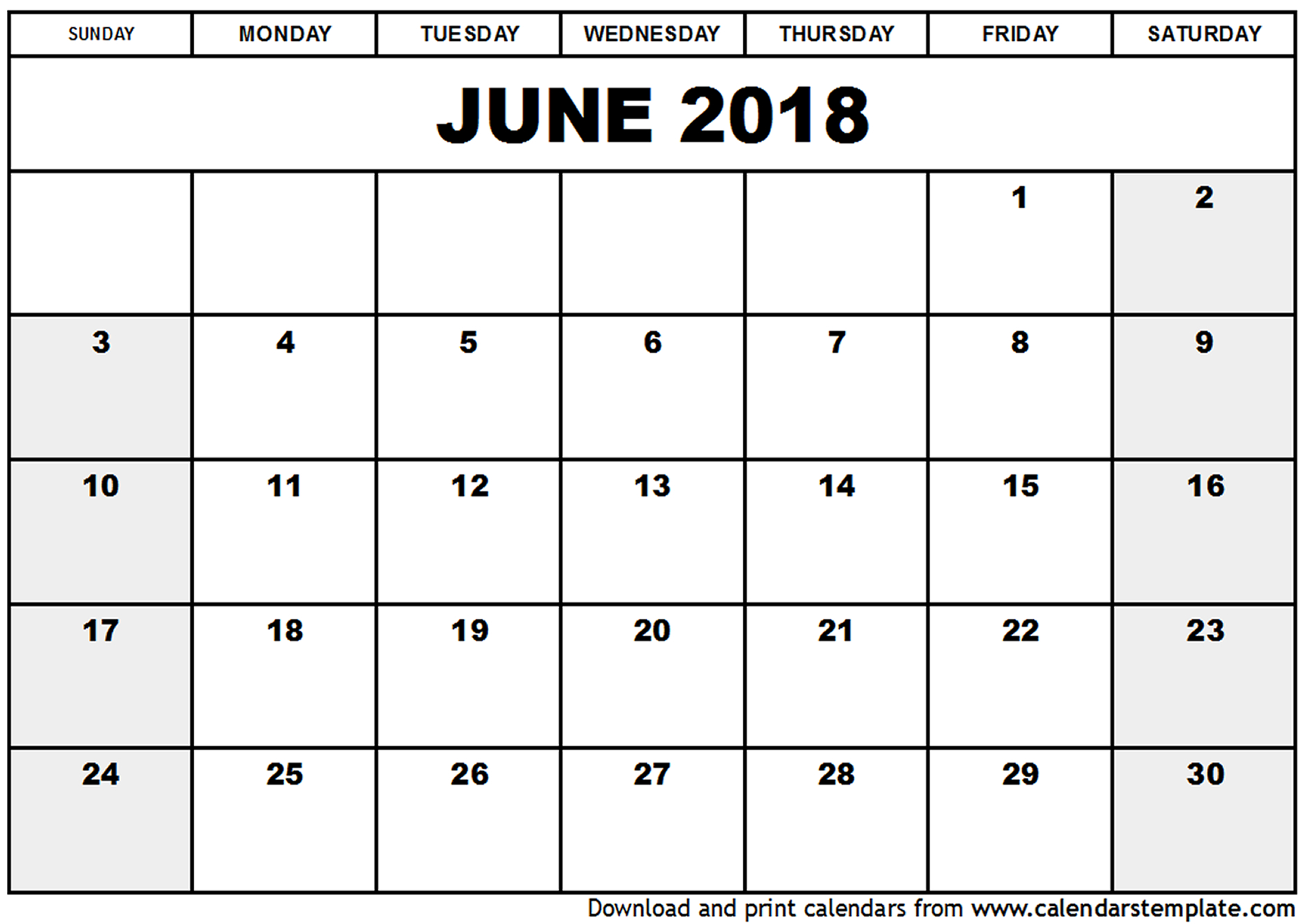 June 2018 printable calendar free