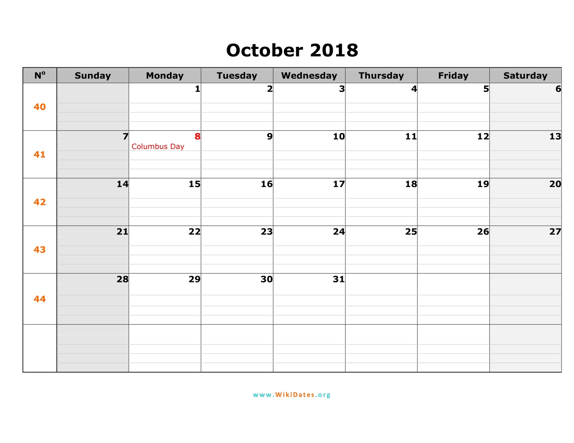October Printable calendar 2018 america