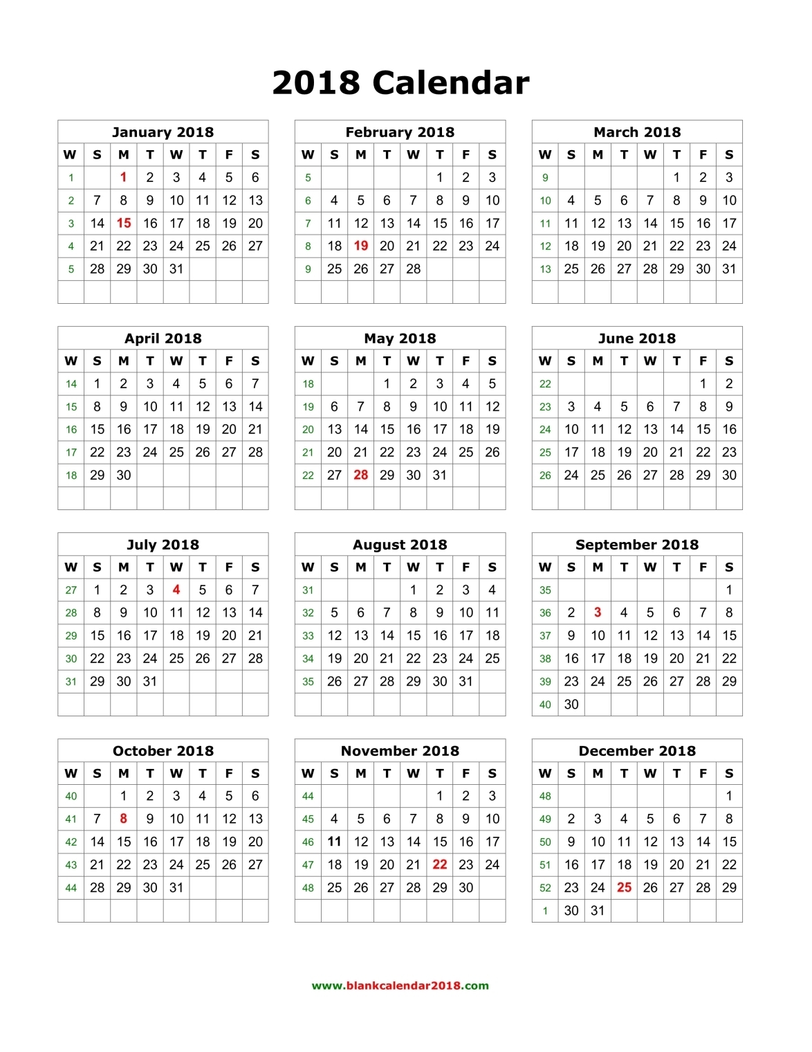 Printable us calendar 2018 One page