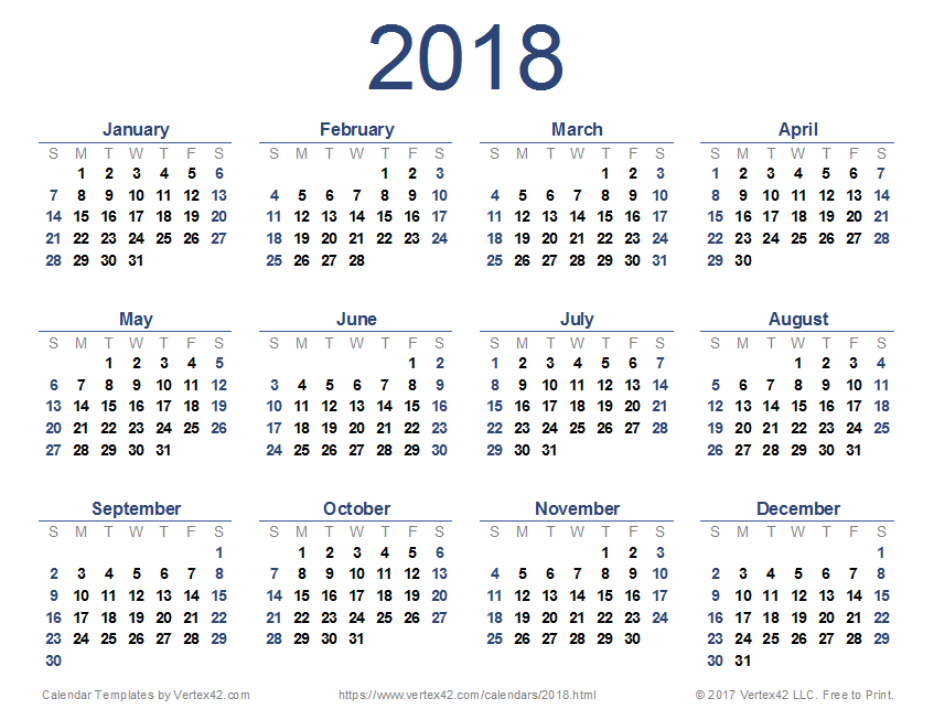 2018 calendar free