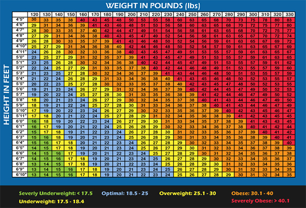 BMI chart for women with weight in pounds Height in feet