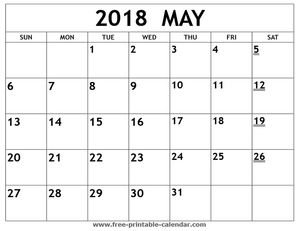 May 2018 calendar monthly