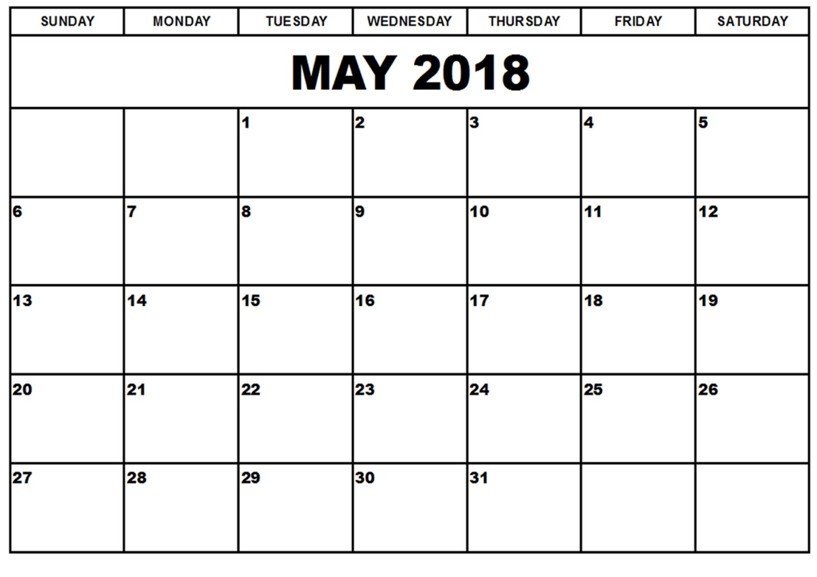 Printable may 2018 calendar