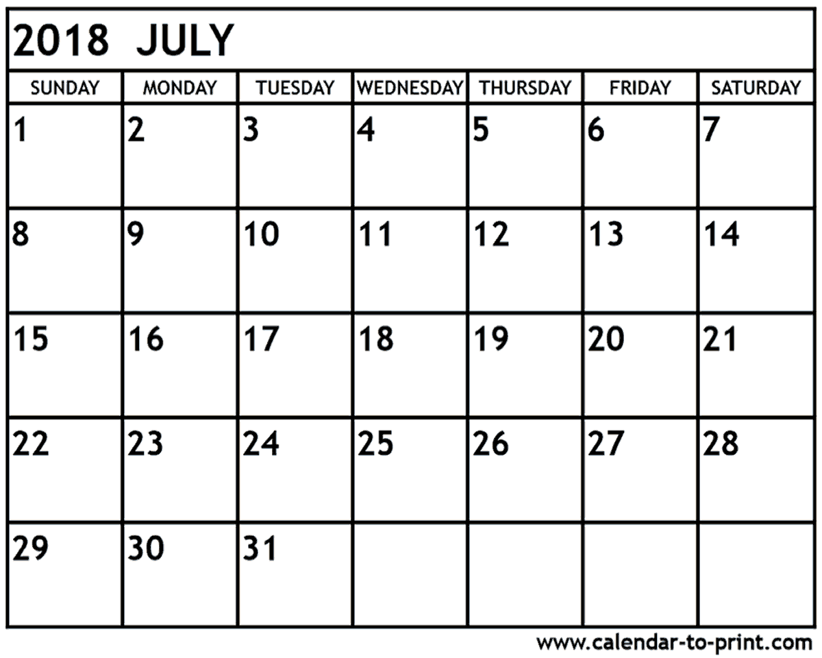 July 2018 printable calendar download