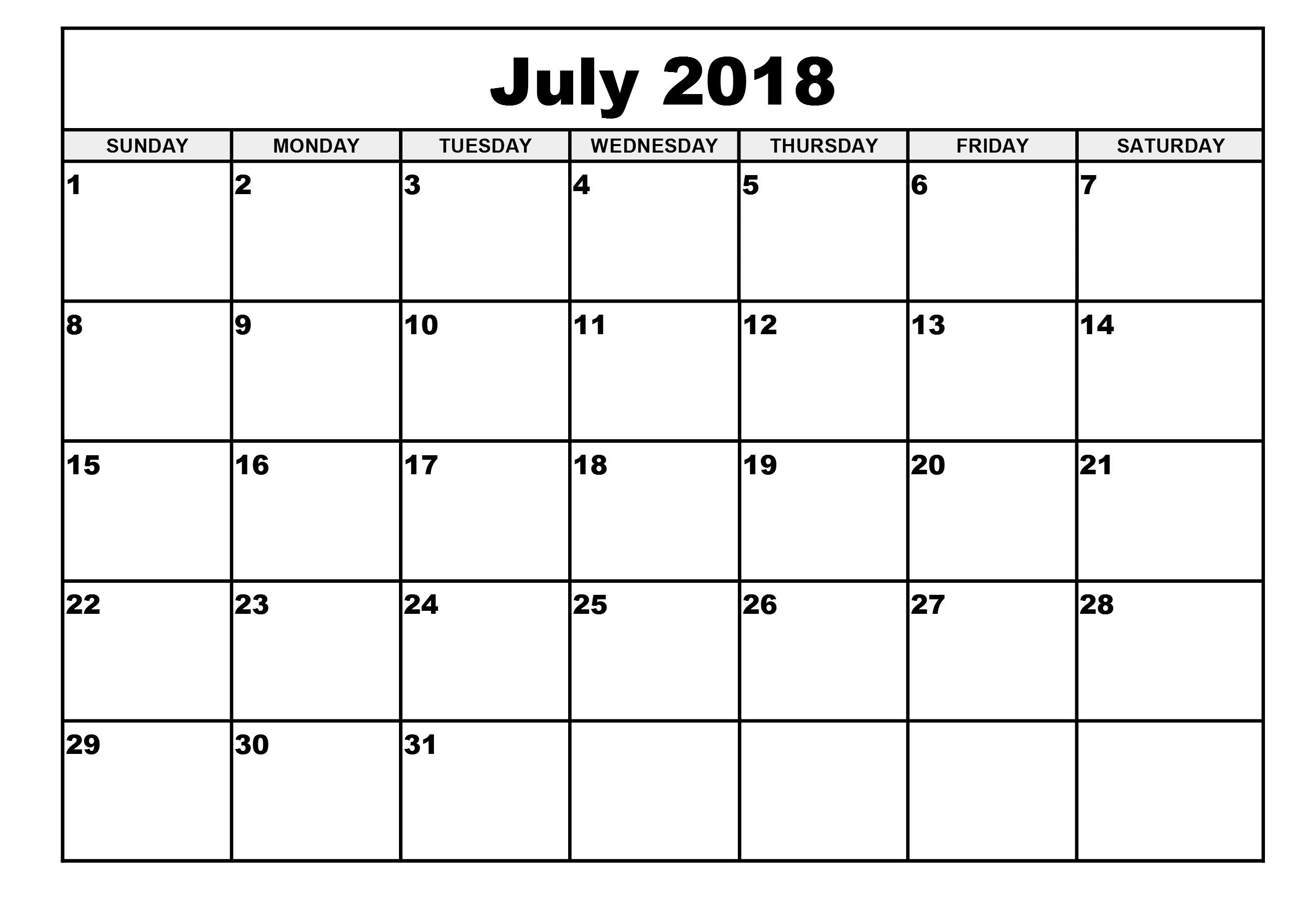 Monthly July 2018 printable calendar