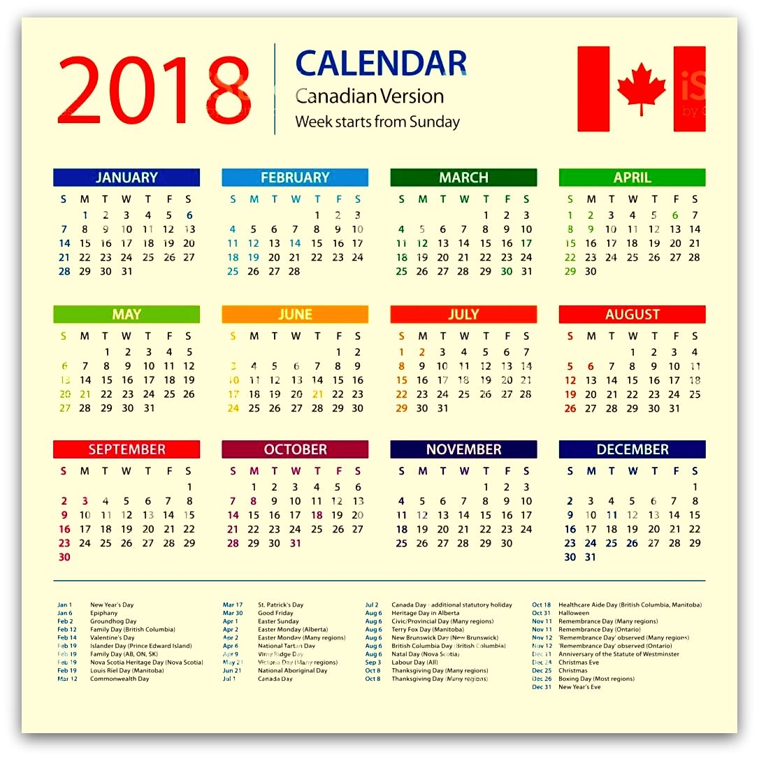 Canada 2018 holiday calendar