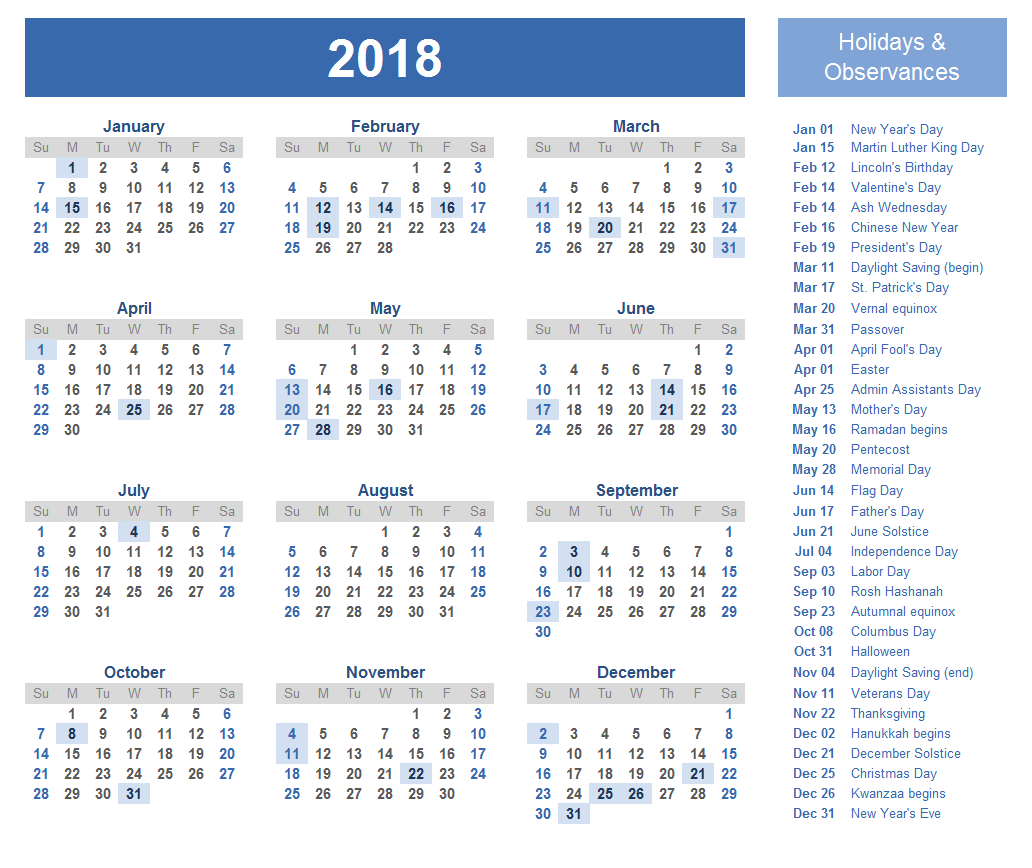 Printable 2018 holiday calendar