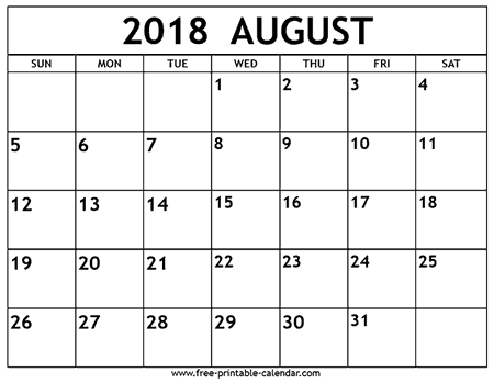 Printable calendar free - August 2018