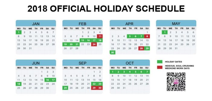 latest 2018 holiday calendar