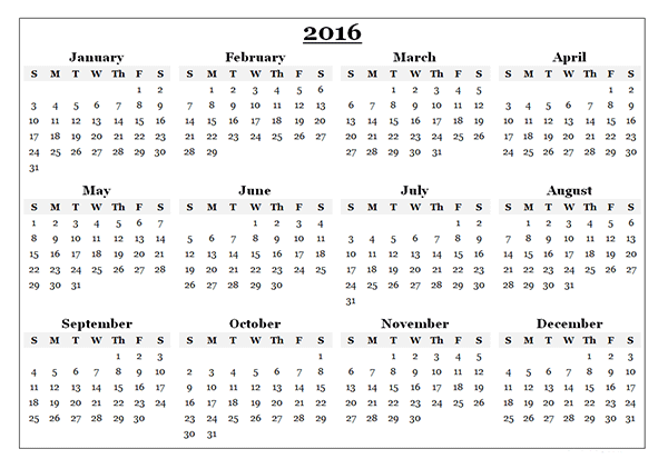 Yearly 2016 calendar printable