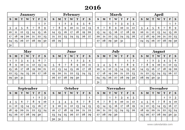 Annual 2016 calendar printable