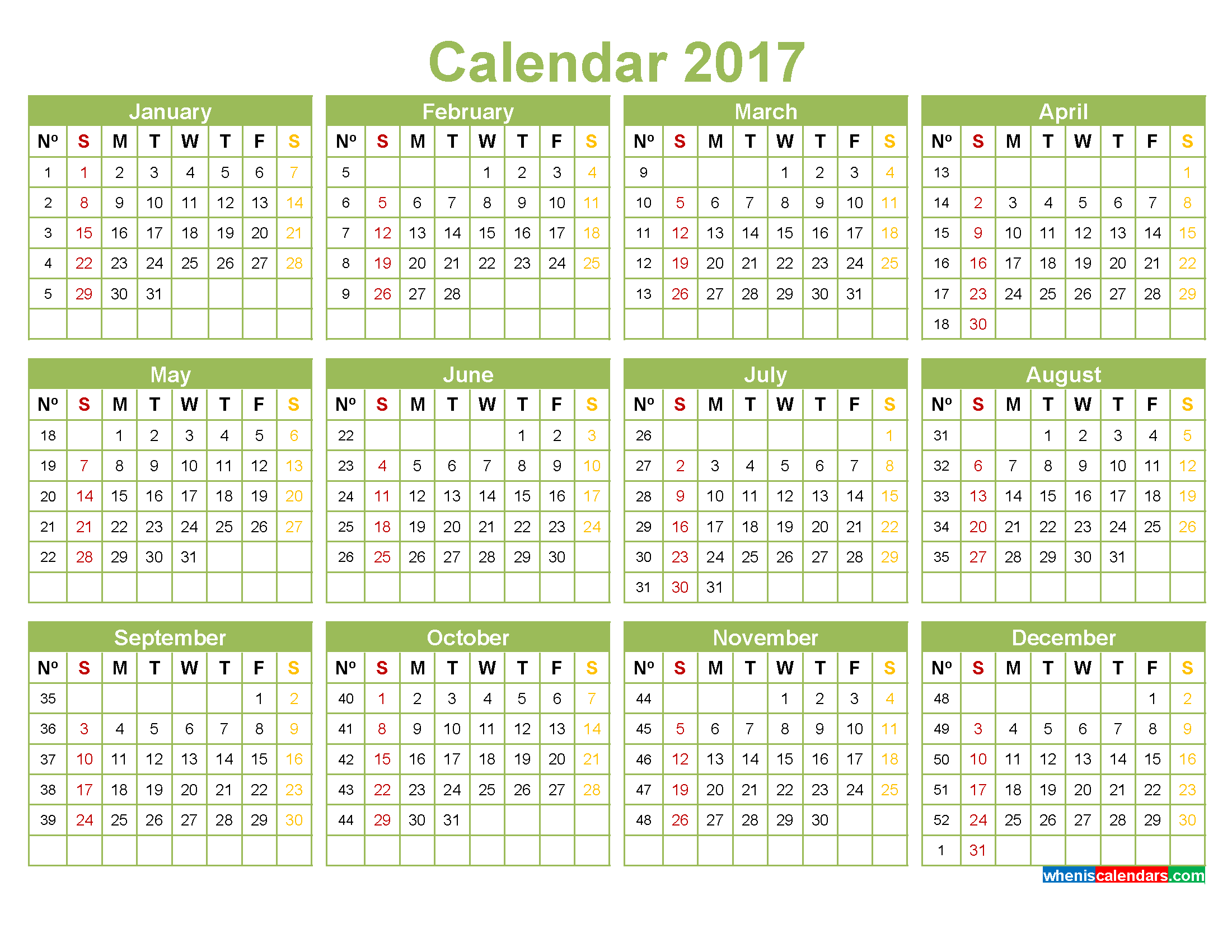 2017 calendar with week numbers printable