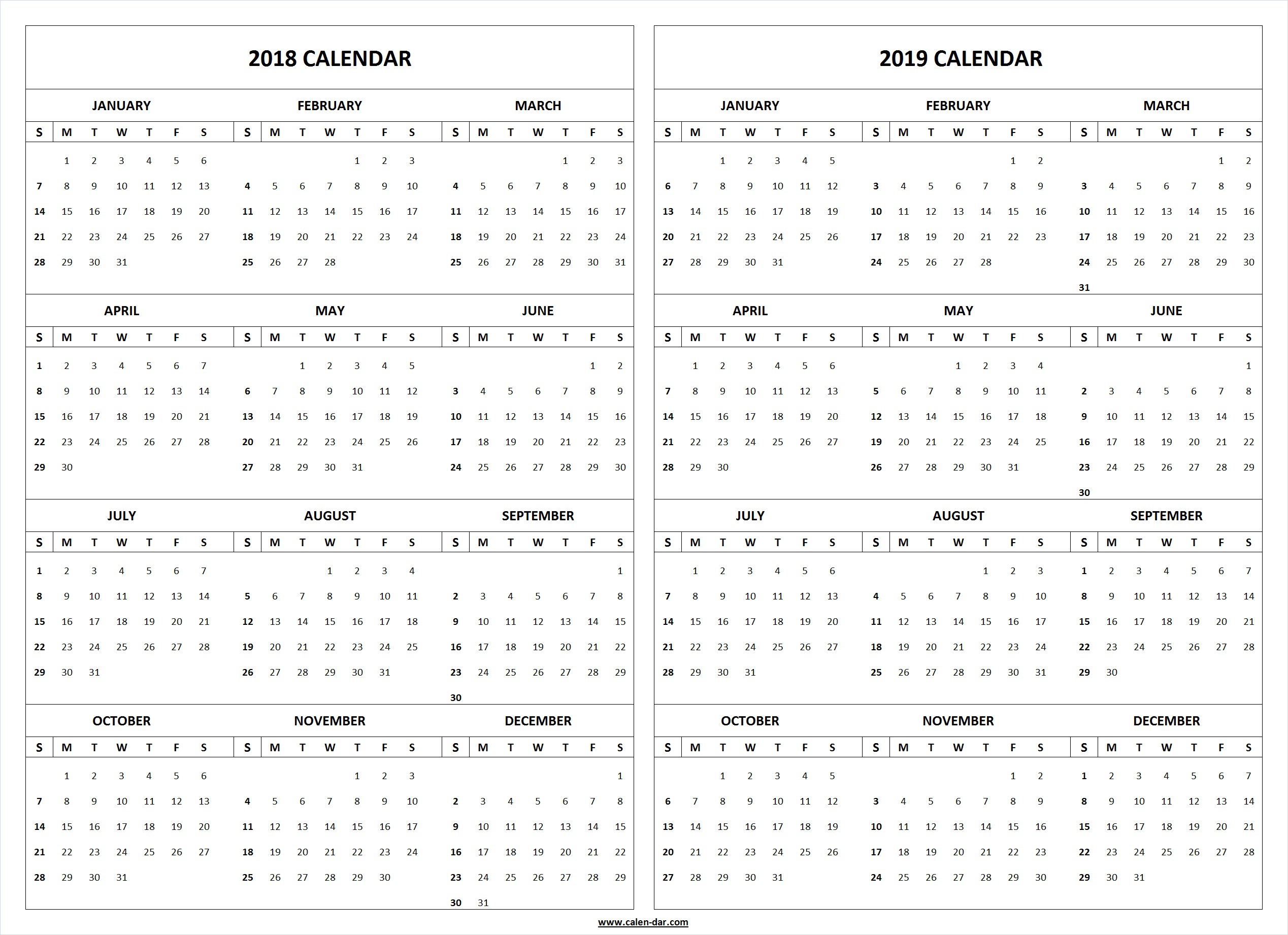 2018 and 2019 calendar printable