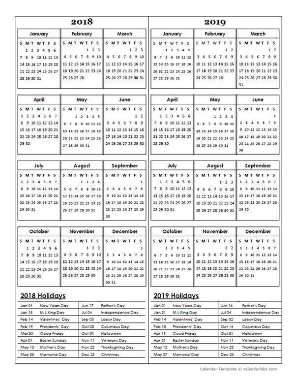 2018 and 2019 calendar printable