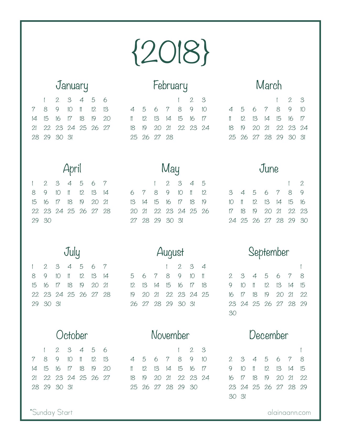 2018 yearly calendar printable