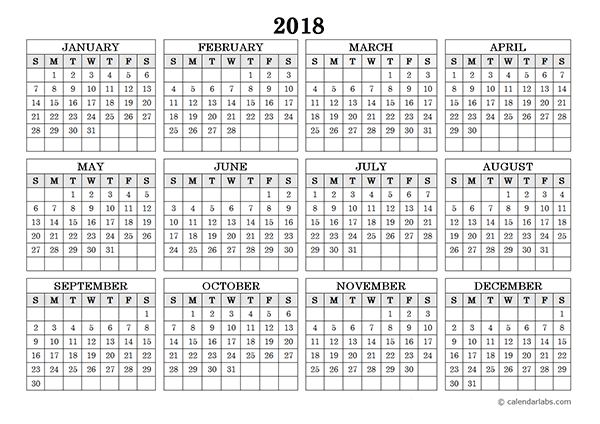 2018 yearly calendar printable