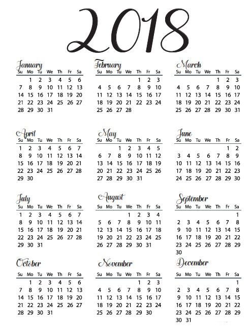 2018 yearly calendar printable