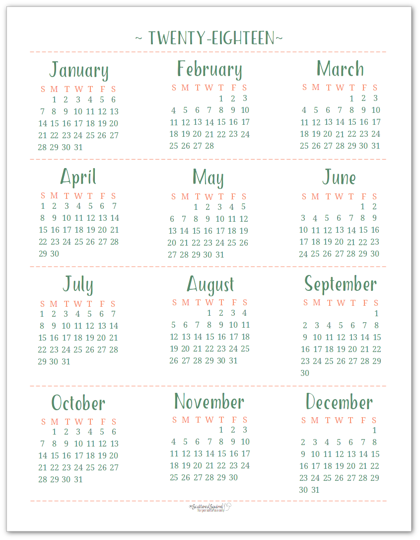 2018 yearly calendar printable