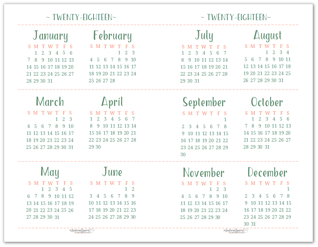 2018 yearly calendar printable