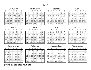 2018 yearly calendar printable