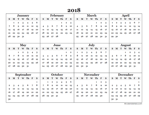 2018 yearly calendar printable