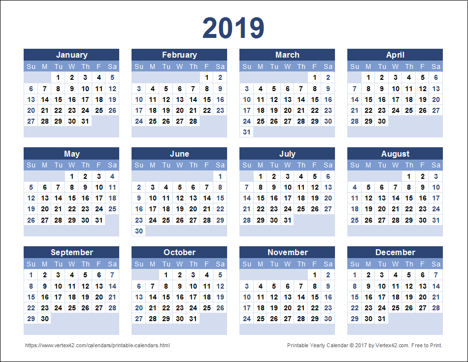 2019 calendar printable 