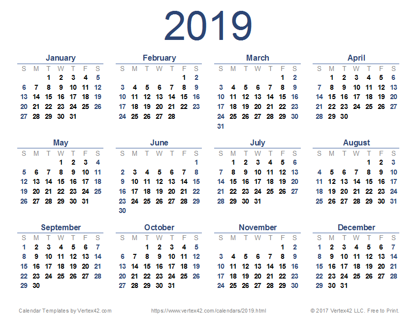 2019 calendar printable 