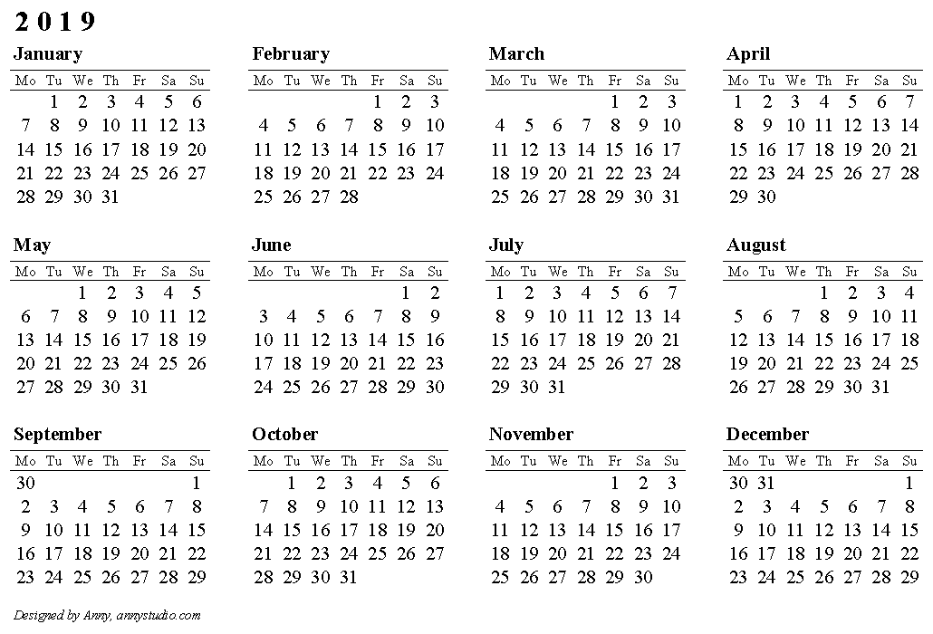 2019 calendar printable 