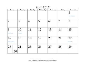 Download April 2017 calendar printable