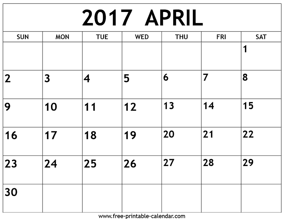 Monthly April 2017 calendar printable