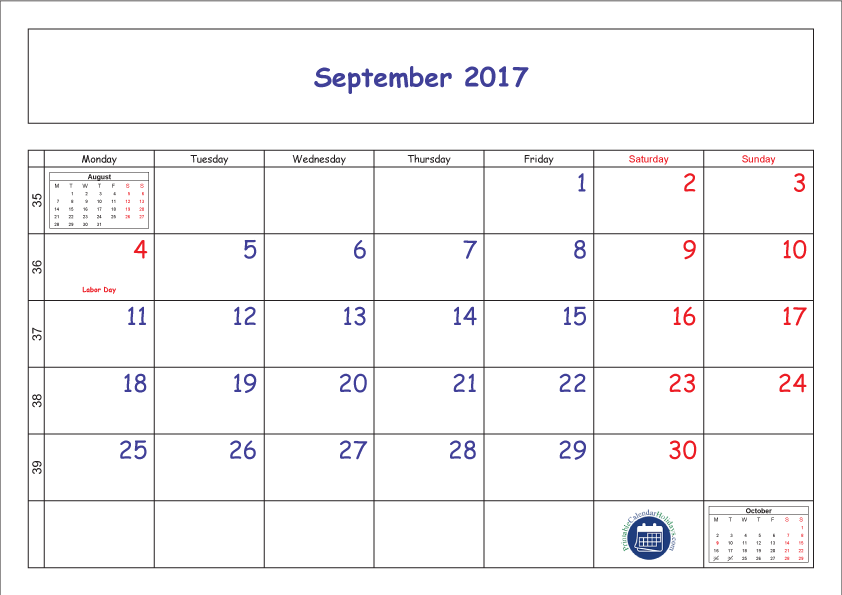 Big 2017 calendar with week numbers printable