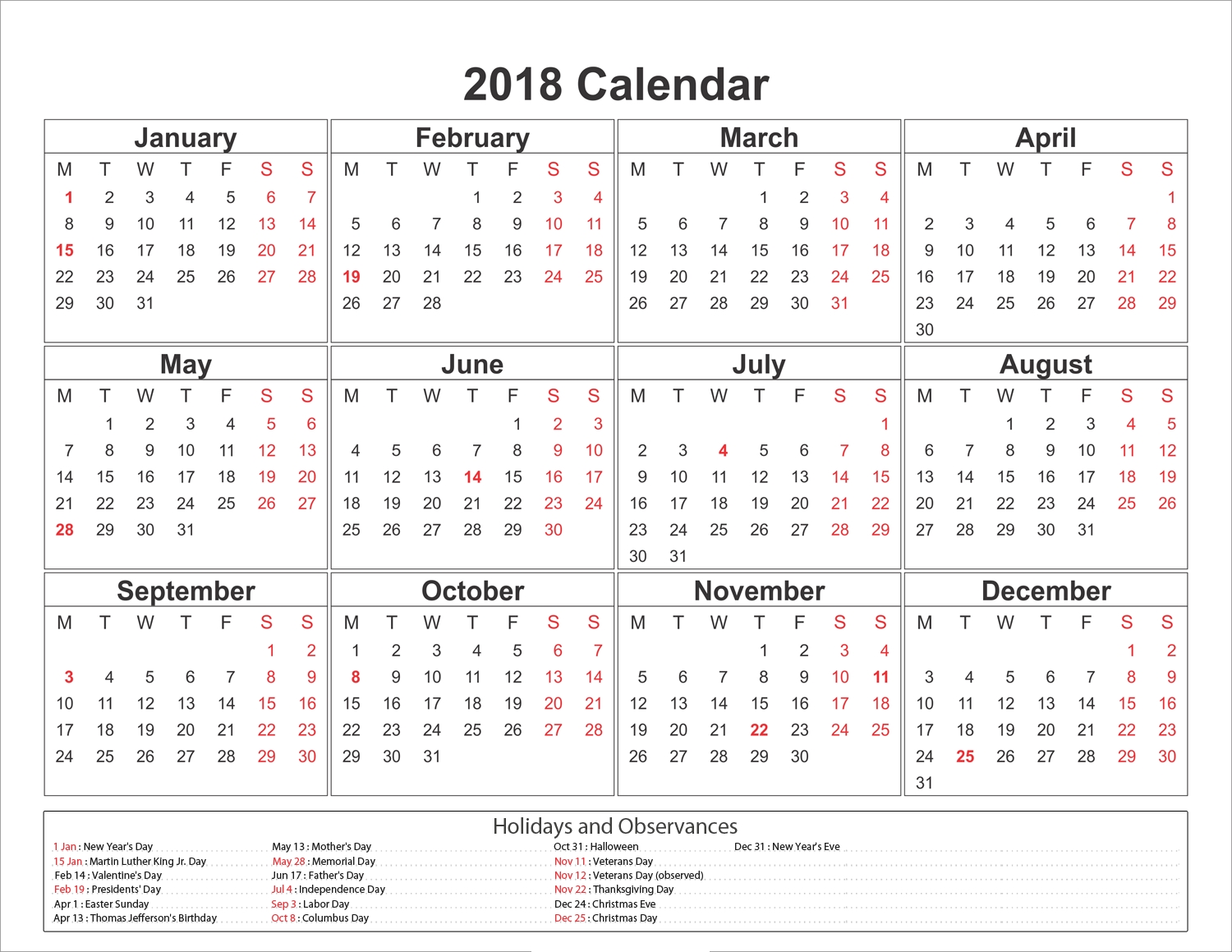 Free printable 2018 calendar with holidays