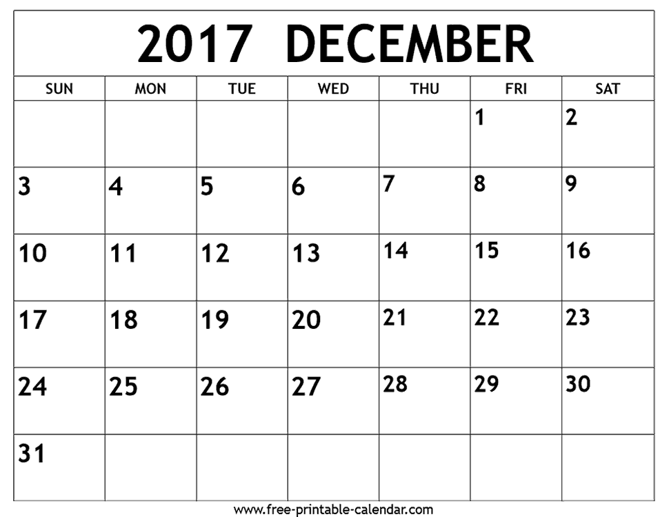 December 2017 calendar printable