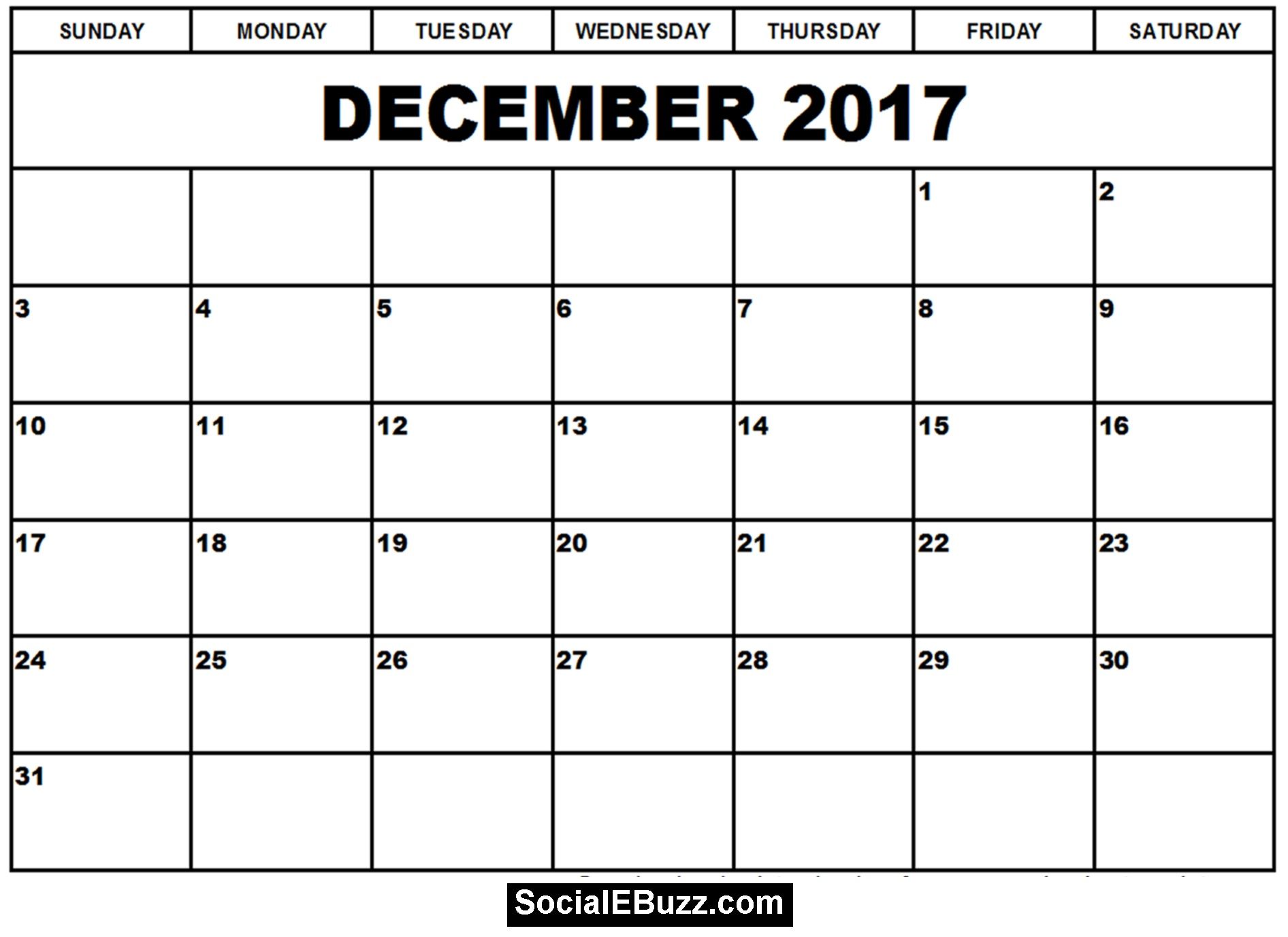 December 2017 calendar printable