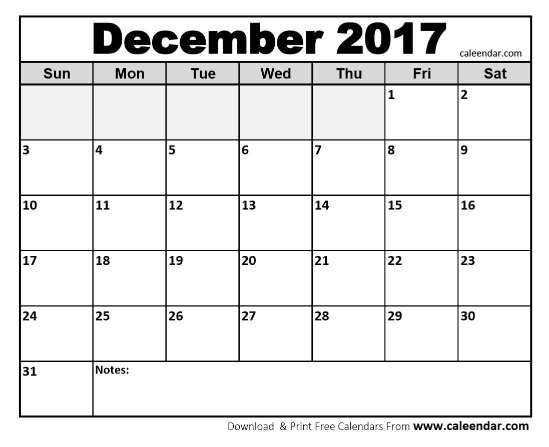 December 2017 calendar printable