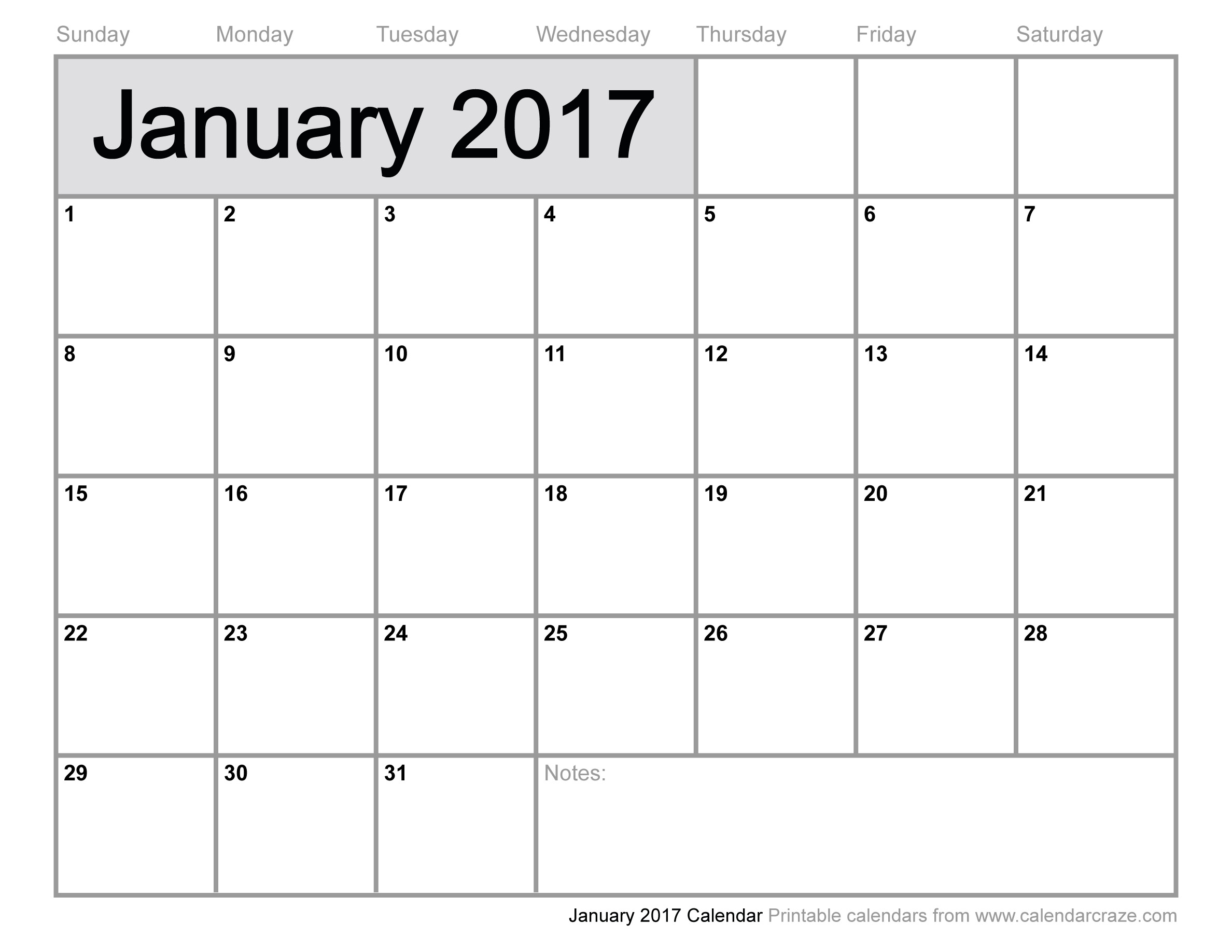 Download January 2017 calendar printable