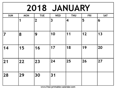 Download January 2018 printable calendar