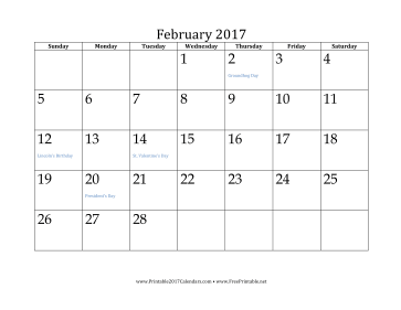 February 2017 calendar printable