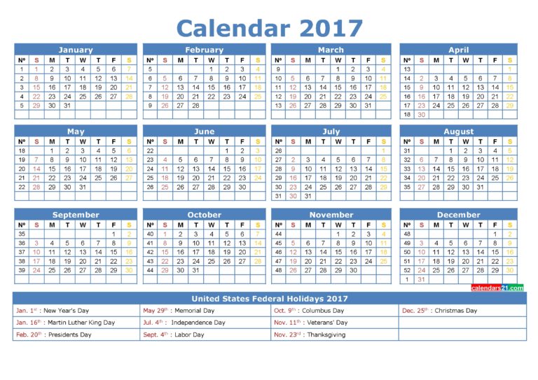 week number 2017 calendar