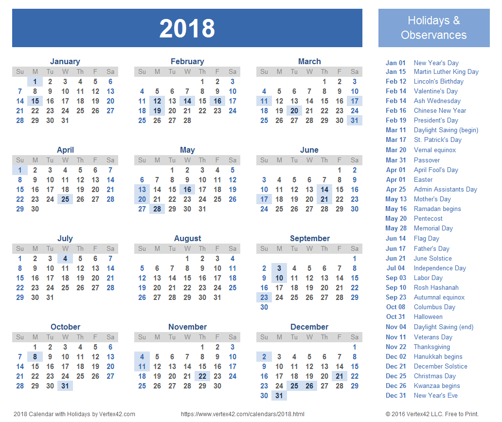 Free Free printable 2018 calendar with holidays list