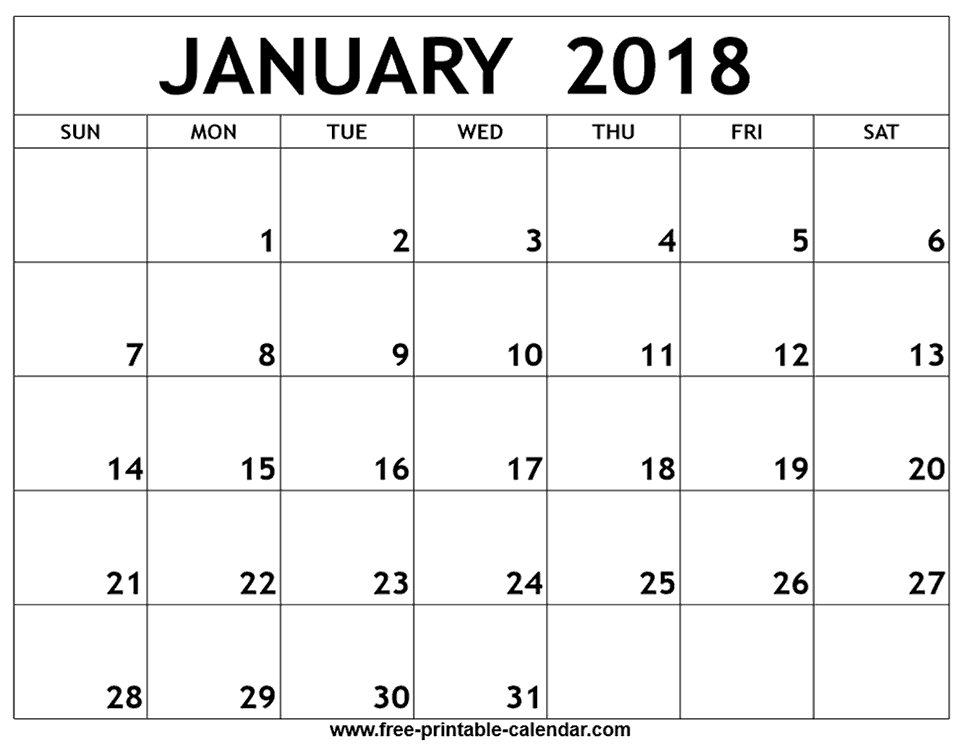 Free January 2018 printable calendar