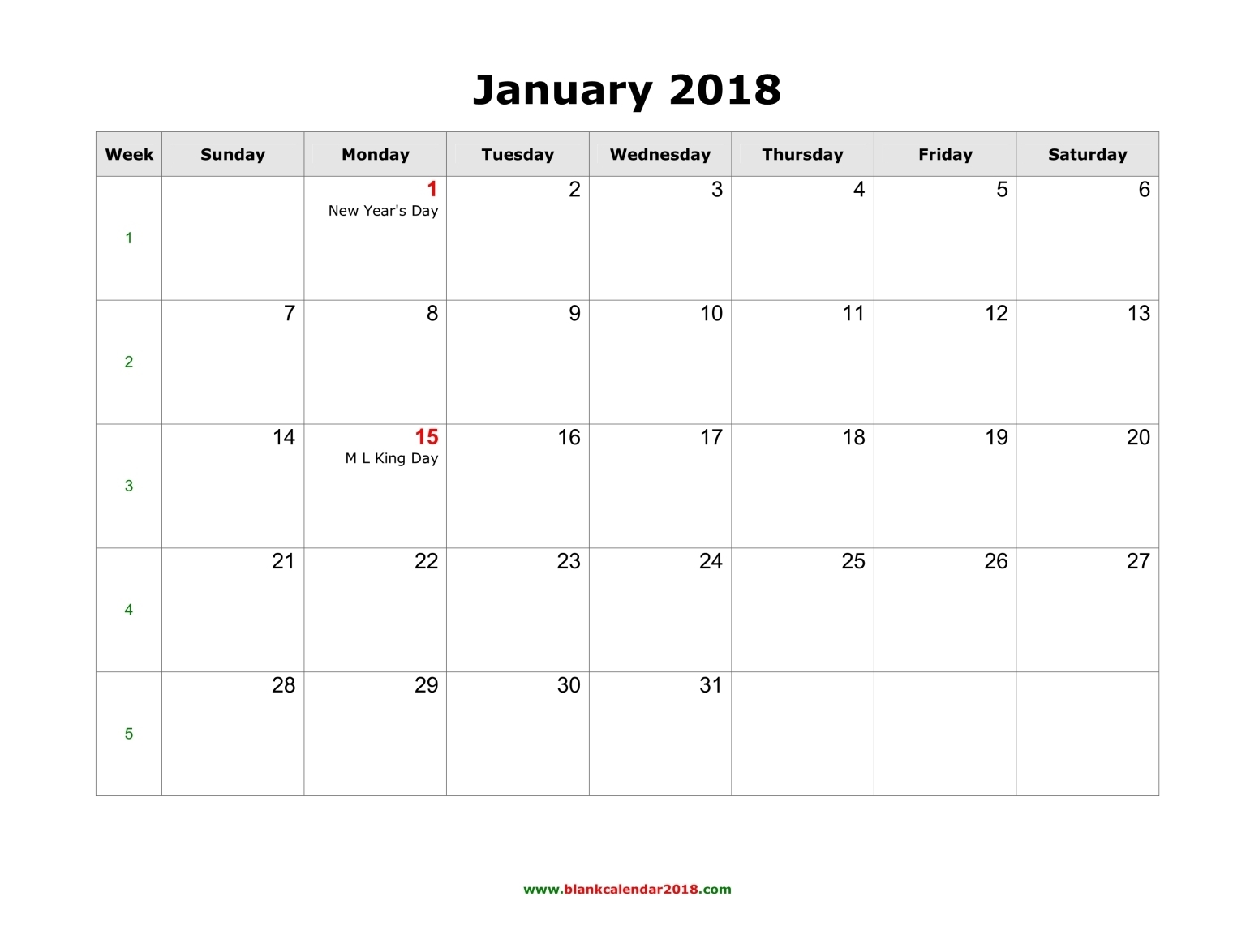 Free printable 2018 calendar with holidays dates