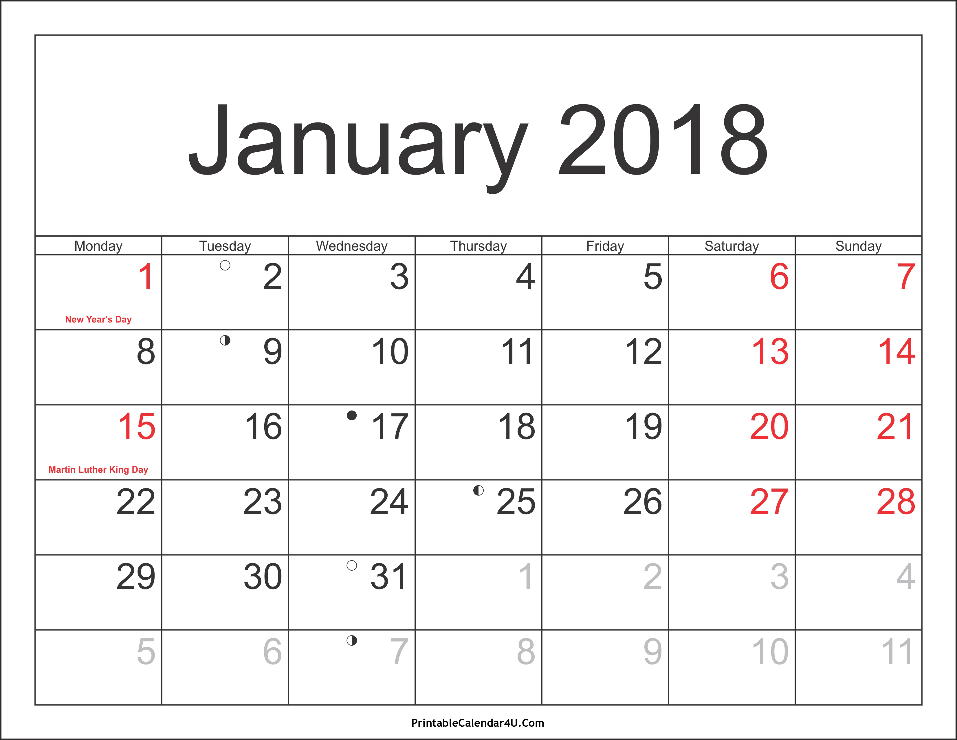 Free printable 2018 calendar with holidays list