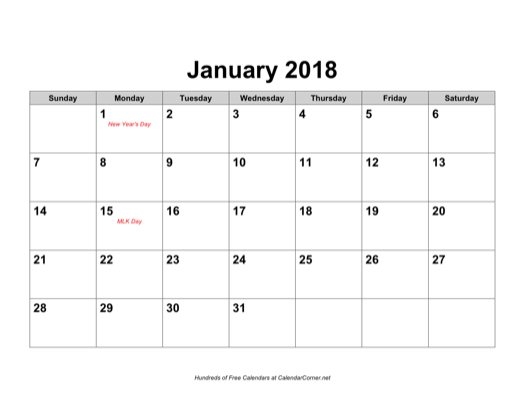 Free 2018 Calendar With Holidays | Calendar Monthly Printable intended for Free Printable 2018 Monthly Calendar With Holidays