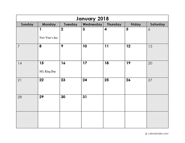 Free printable 2018 calendar with holidays