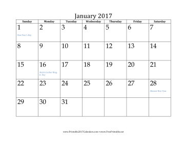 January 2017 calendar printable with holidays