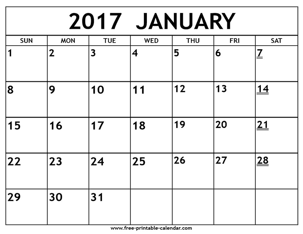 January 2017 calendar printable