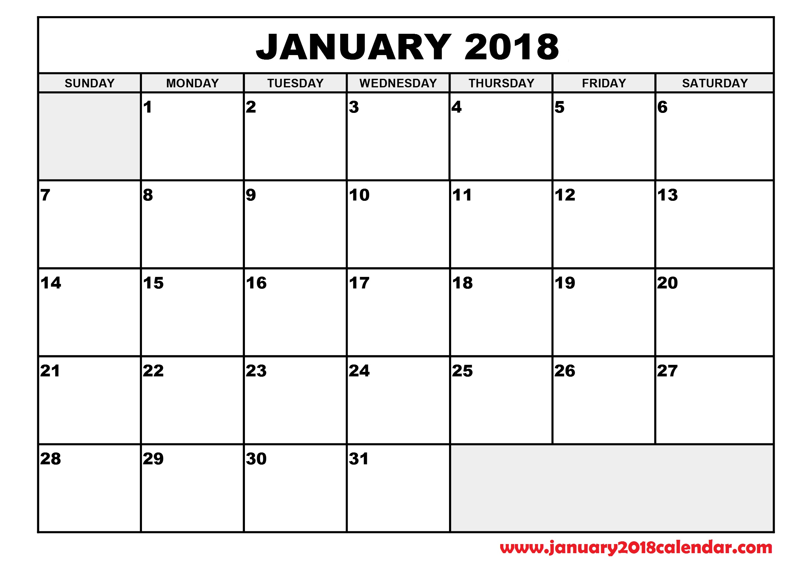 January 2018 printable calendar big