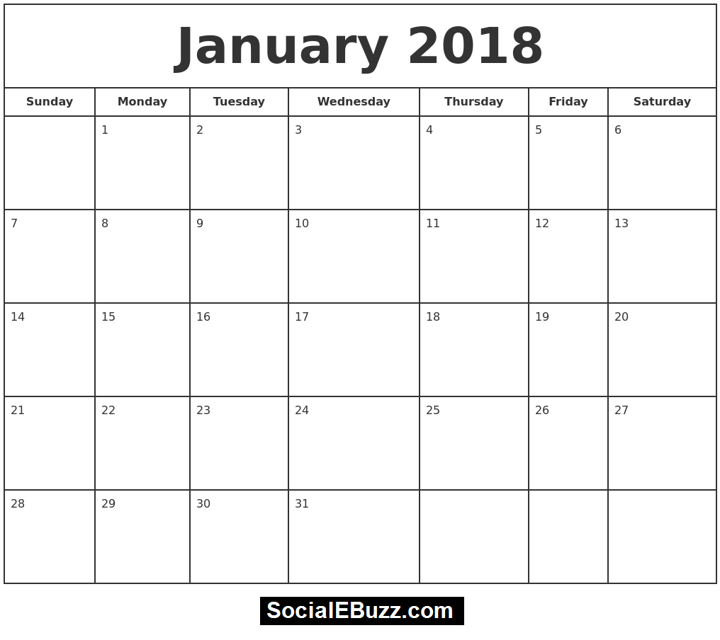 January 2018 printable calendar monthly